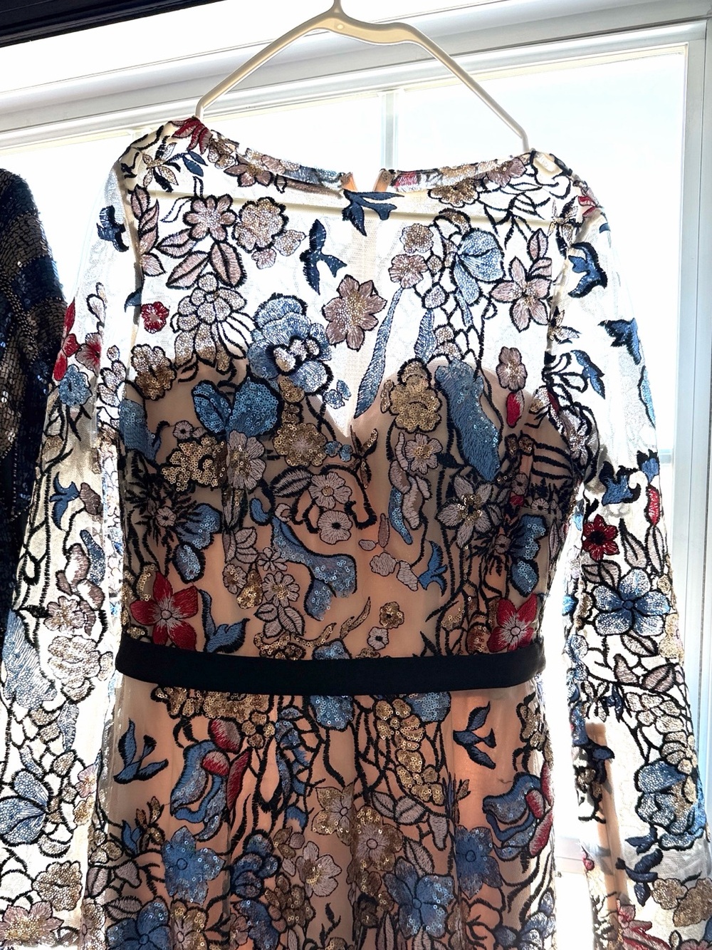 Embroidered Long Sleeve Floral Dress - Black & Blue Accents